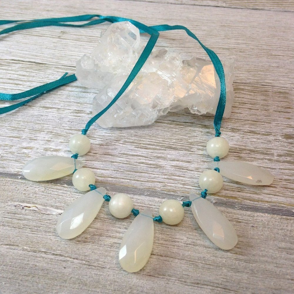 Milk Glass & White Jade Teal Ribbon Necklace Handmade, One of a Kind​​​​